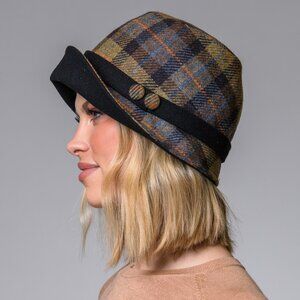 New Women's Wool Brimmed Hat Brown Orange Check (Made in Ireland)